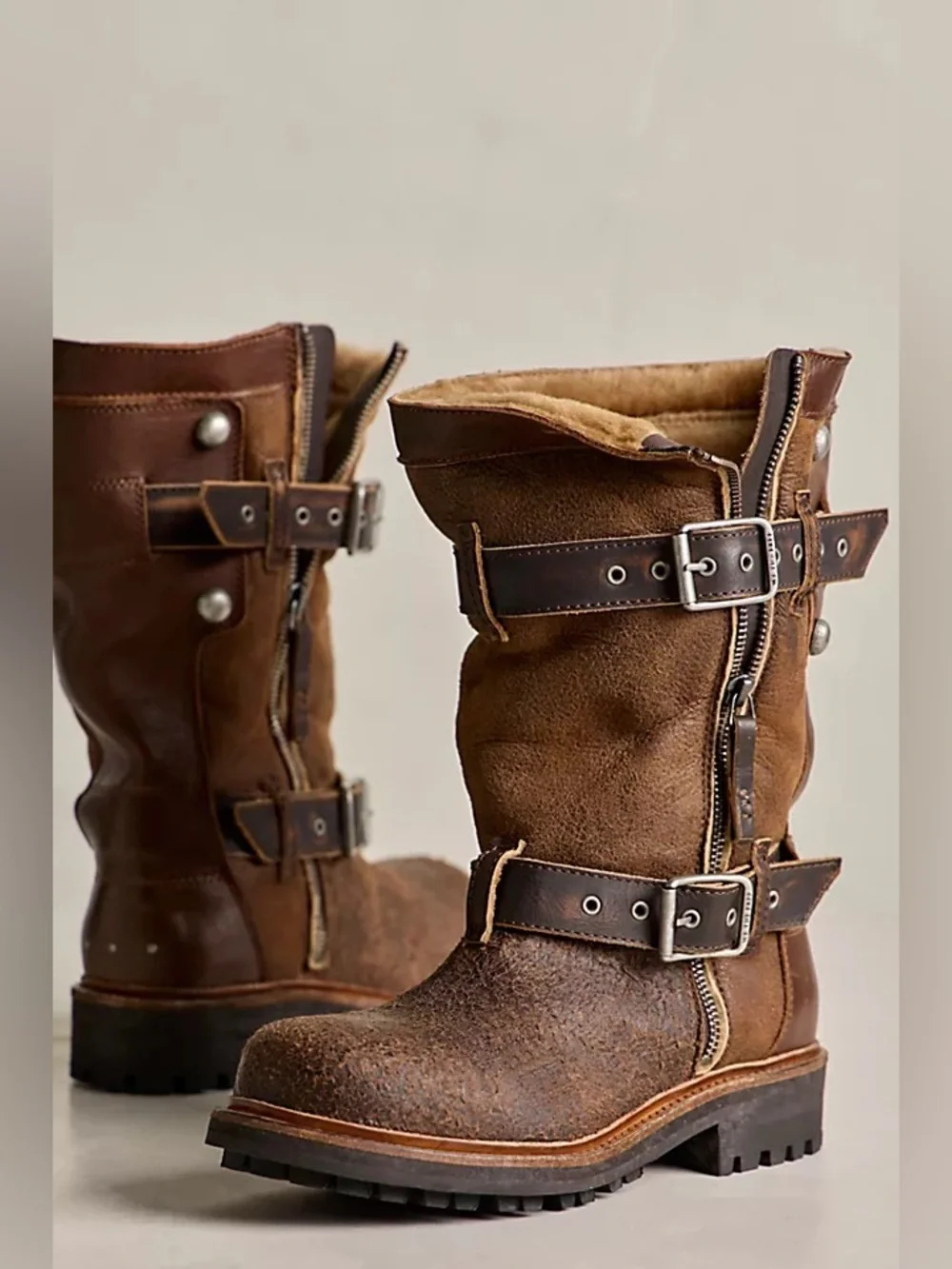 Free People We The Free Charlie Shearling Boots Brown Leather Buckle‎ Size 9
